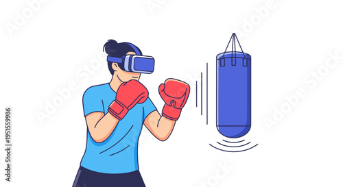Person wearing VR headset and boxing gloves training on a punching bag, virtual reality boxing game concept