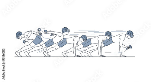 Sequence of a man performing a dumbbell row exercise from a plank position, illustrating muscle engagement and movement