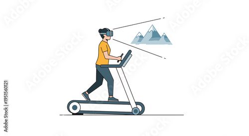 Woman exercising on a treadmill with a VR headset, experiencing an immersive virtual mountain landscape. Future of fitness and technology.