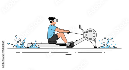 Person using virtual reality headset on rowing machine, simulating water sport and fitness