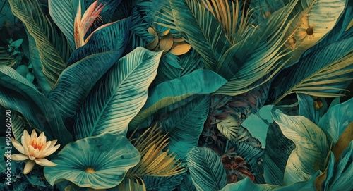 Botanical wallpaper featuring exotic jungle leaves and water lilies in an abstract style