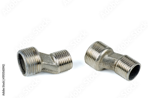 фотографія PAir fitting on the pipe thread 1/2, close up plumbing fixtures on white backgr