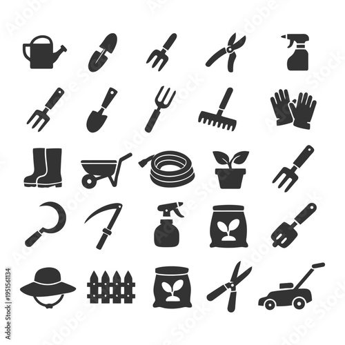 Gardening tools icons set: watering can, trowel, pruning shears, gloves, lawn mower.