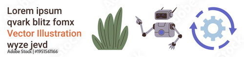 Robotics, automation, environment, technology, innovation, AI integration. Includes a robot, grass text element and gear with arrows. Robotics and automation emphasis for creative concepts