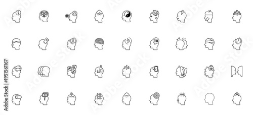 Mental Health and Disorder icon set. Vector symbols for Anxiety, Depression, ADHD, Therapy, Bipolar, PTSD, Autism, Stress and more. Editable line icons.