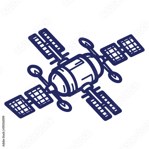 Stylized depiction of a satellite in orbit utilizing solar panels for sustainable energy harnessing from the sun