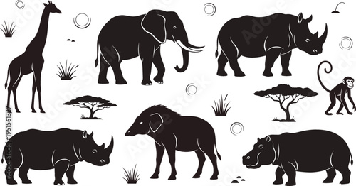 African safari animals silhouettes vector illustration set with elephant, giraffe, rhino, hippo and monkey, wildlife savanna collection in black style