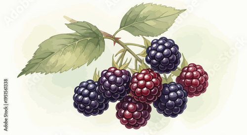 Watercolor illustration of a cluster of ripe and unripe blackberries on a stem with green leaves against a soft white background.