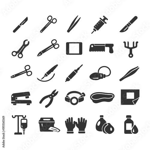 Medical tools and equipment icons collection on white background.