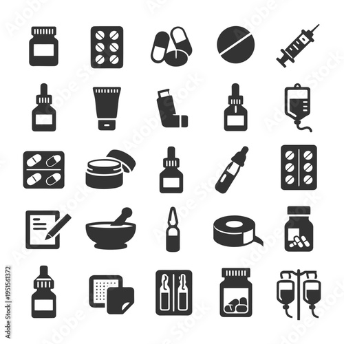 Medical icons set featuring pills, syringe, medicine bottles, and healthcare equipment.