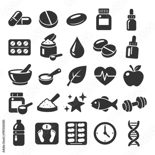Health and wellness icons: supplements, exercise, diet, and medicine symbols set.