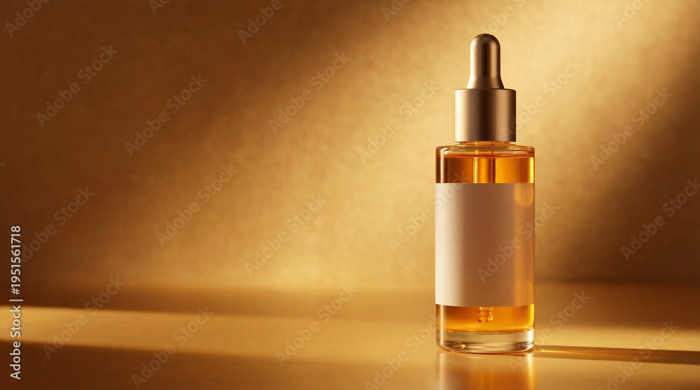 Naklejka premium Cosmetic serum bottle with dropper golden tones and blank label for product presentation