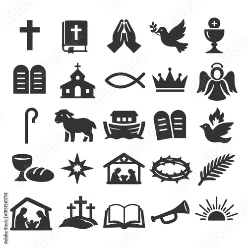 Christian religious symbols collection: cross, bible, dove, communion, nativity.