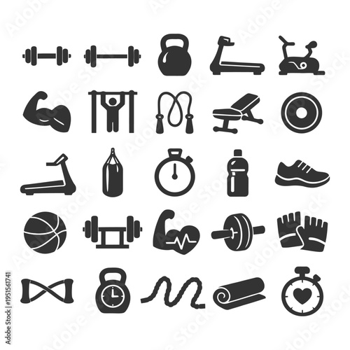 Fitness equipment icons: dumbbells, kettlebells, treadmills, boxing, yoga, timers.
