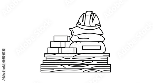 A detailed illustration of construction materials including bricks, wood, and a hard hat.