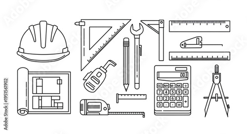 An illustration of various construction tools and equipment used for engineering and design.