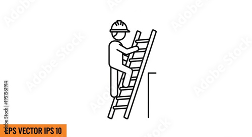 A line drawing of a construction worker climbing a ladder, wearing a hard hat.