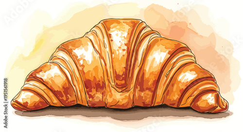 Illustration of a golden-brown croissant on a white background with warm watercolor-style splashes.
