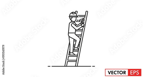 An outline illustration depicts a construction worker climbing a ladder, working on a project.