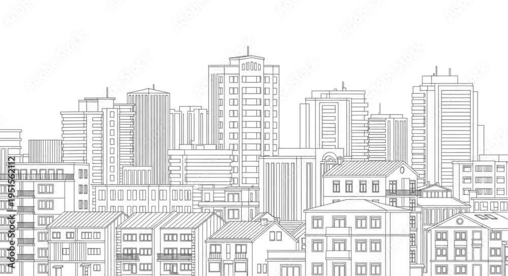 Obraz premium A detailed line drawing of a cityscape featuring various buildings and structures.
