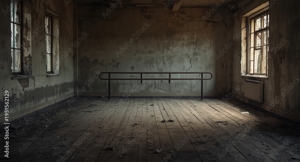 Obraz premium Neglected ballet training room in a dilapidated building interior