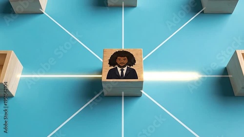Diverse professional avatars on wooden blocks forming a circular network on