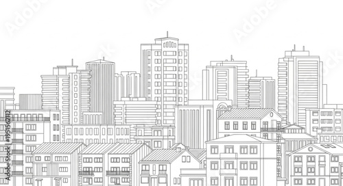A detailed line drawing of a cityscape featuring various buildings and structures.
