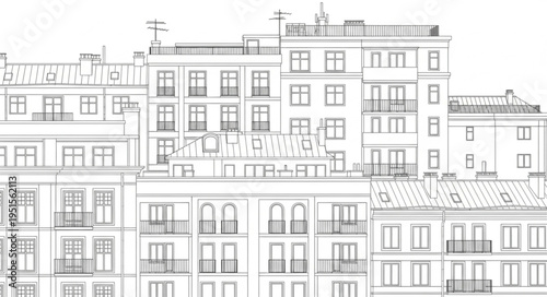 A detailed line drawing showcasing a collection of various buildings and architectural structures.