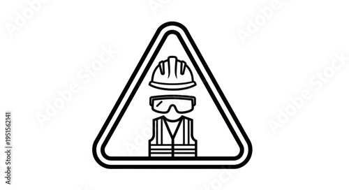 Safety sign depicting a person wearing a hard hat, safety glasses, and a vest.