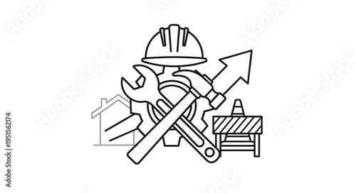 Construction and industry-related illustration featuring tools, gear, and a hard hat, representing progress.