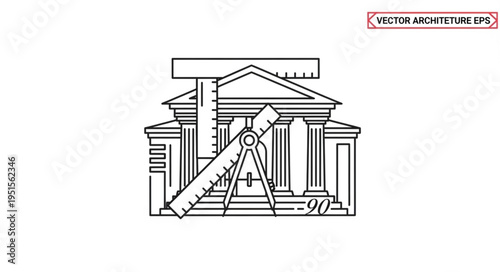 Architectural illustration featuring a building with drafting tools, showcasing design and construction.