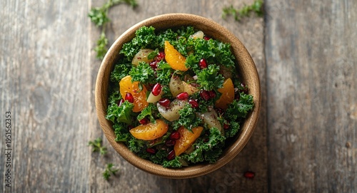 Nutritious kale green salad with bright orange pieces and pomegranate toppings