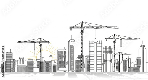 An illustration of a city skyline with construction cranes, buildings, and a sunrise.