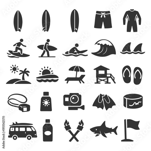 Surfing icons: surfboards, waves, beach gear, and water sports silhouettes.
