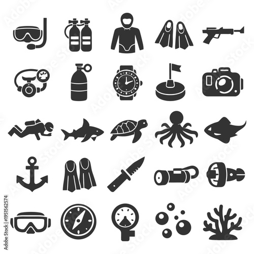 Silhouette icons of diving equipment and marine life.