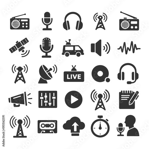 Communication technology icons: radio, microphone, satellite, headphones, megaphone.