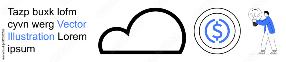 Obraz premium Cloud storage, data management, financial security, innovation, business growth, and creativity. Cloud icon, currency symbol and person holding a light bulb. Cloud storage and financial security