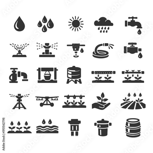 Agricultural irrigation icons: watering systems and tools.