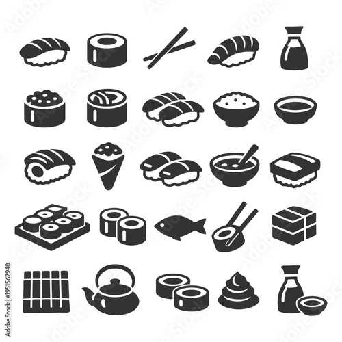 Variety of sushi and japanese cuisine icons in black and white.