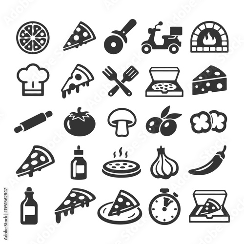 Icon set of pizza and ingredients with kitchen utensils for culinary themes.