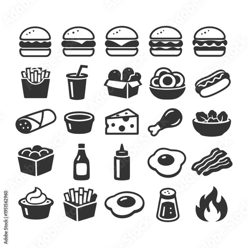 Icons of classic fast food: burgers, fries, drinks, and more.