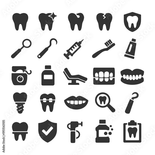 Dental care icons set: tooth, brush, floss, implant, tools, smile.