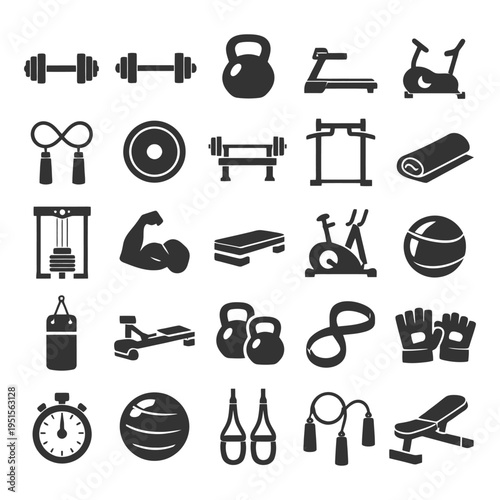 Fitness icons set: dumbbells, kettlebell, treadmill, exercise bike, jump rope.