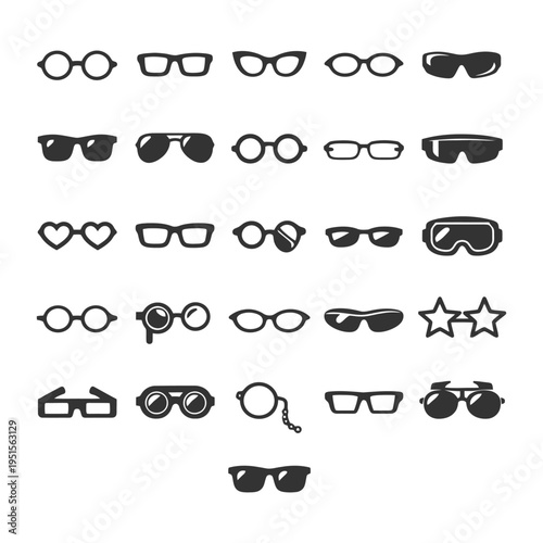 Collection of various stylish eyeglasses and sunglasses icons.