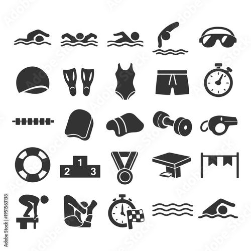 Swimming icons set: diverse aquatic sports symbols and equipment illustrations.