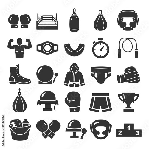 Boxing equipment and symbols collection with gloves, ring, and championship belt icons.
