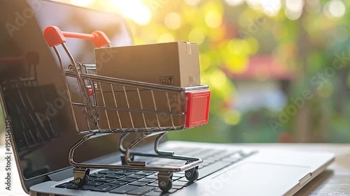 Miniature shopping cart with a box on a laptop keyboard symbolizes online