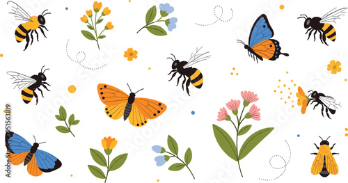 Colorful insects and butterflies vector illustration with bees, flowers and flying bugs, nature garden elements collection for spring and summer design