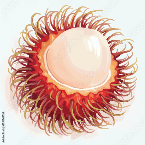 Digital illustration of a rambutan fruit cut open, showcasing its pinkish-white pulp and hairy red-yellow skin on a white background.