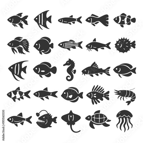 Silhouette collection of various marine and freshwater fish species icons.